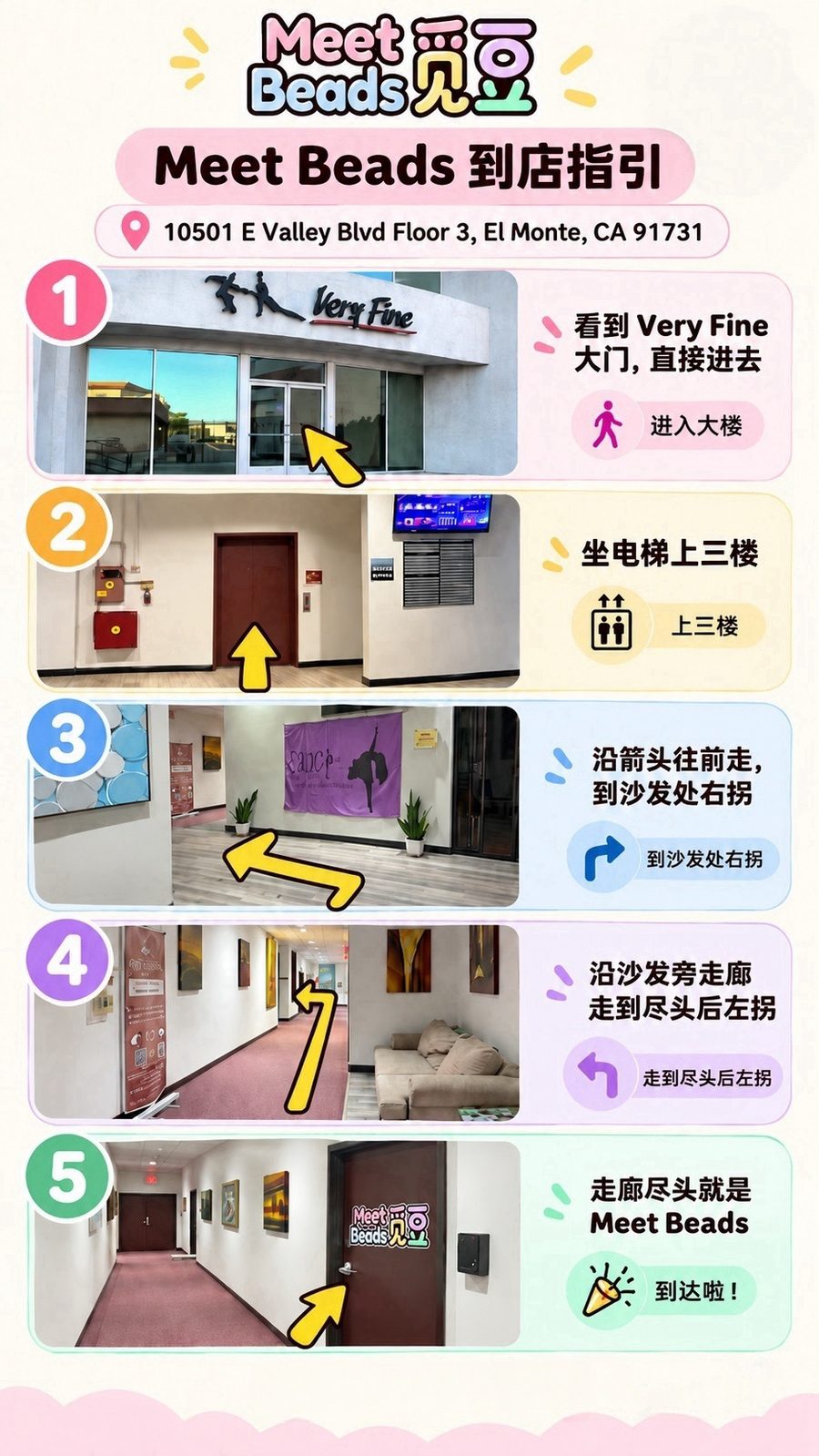 Meetbeads LA 入口、电梯与三楼店铺到店指引图